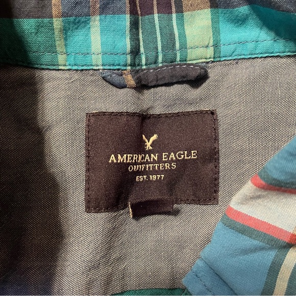 American Eagle Blue Checkered Short Sleeved Top - Picture 3 of 4